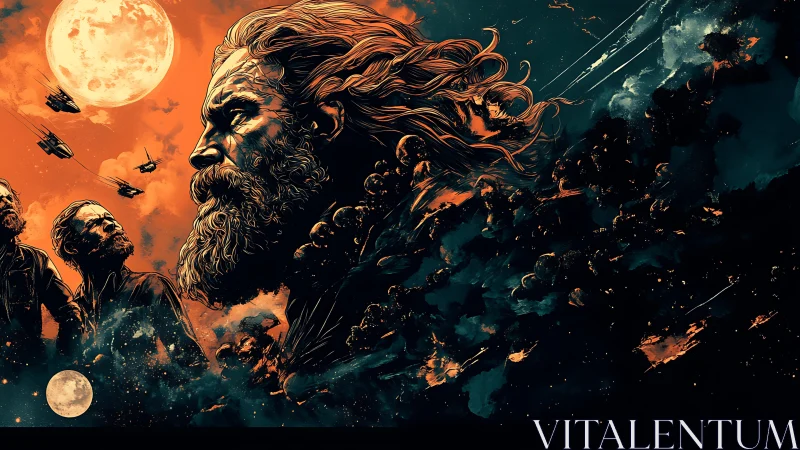 Cosmic warlord drifts through molten moons and starfire