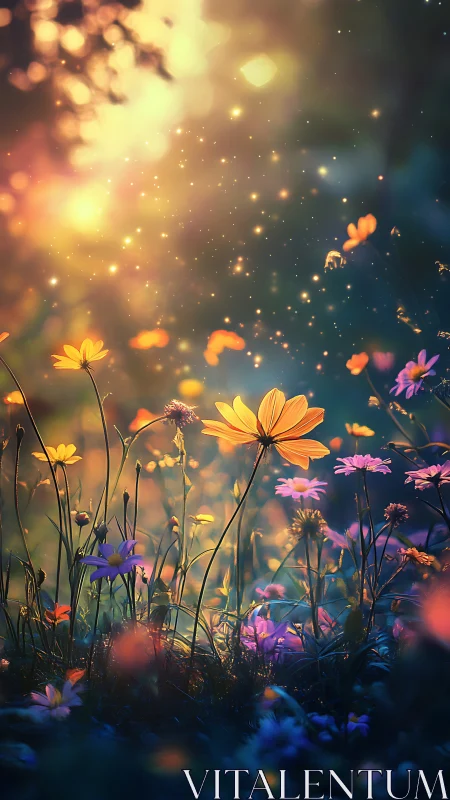 Wildflower meadow glows under warm dusk light and fireflies