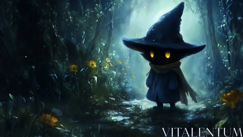 Small robed figure with glowing eyes in misty forest path.