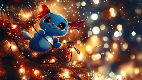 Blue holiday critter snuggled in glowing festive lights.