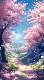 Sunlit cherry blossom path inviting a gentle spring stroll.