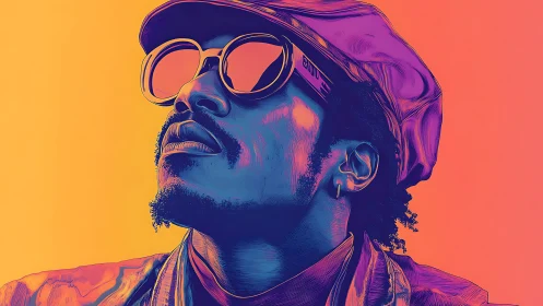 Stylized portrait shows man in sunglasses against neon gradient