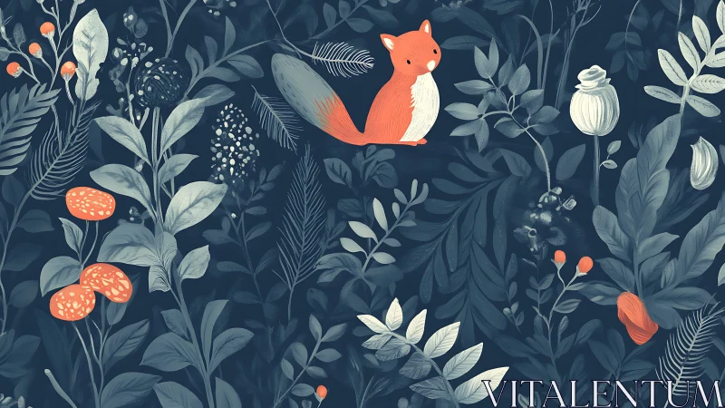 Playful orange fox nestled in stylized midnight foliage.