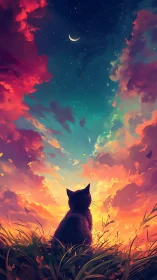 Silhouette cat beneath crescent moon and multicolor sky.