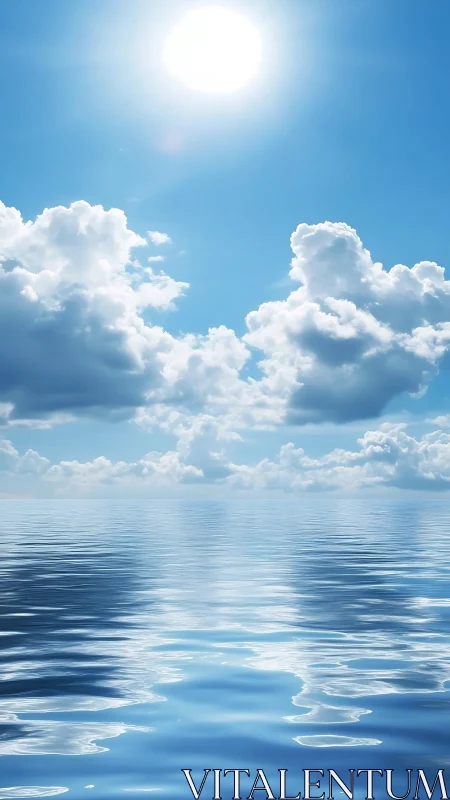 Sunlit ocean horizon under towering cumulus clouds.