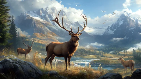 Majestic elk stand watch beneath towering alpine peaks.