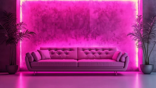 Neon pink sofa lounges boldly in a glowing urban dreamscape