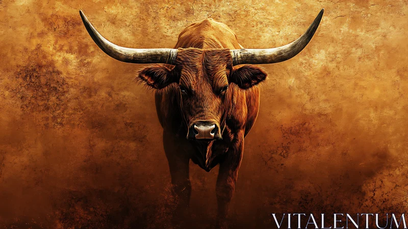 Powerful longhorn bull stands against textured ocher haze