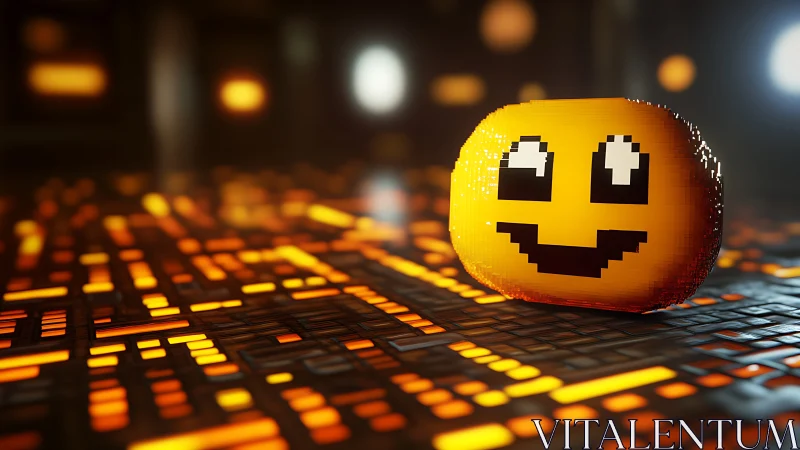 Smiling pixel emoji on glowing digital circuit board.