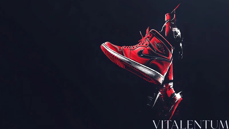 Iconic red sneakers suspended in bold, electric motion.