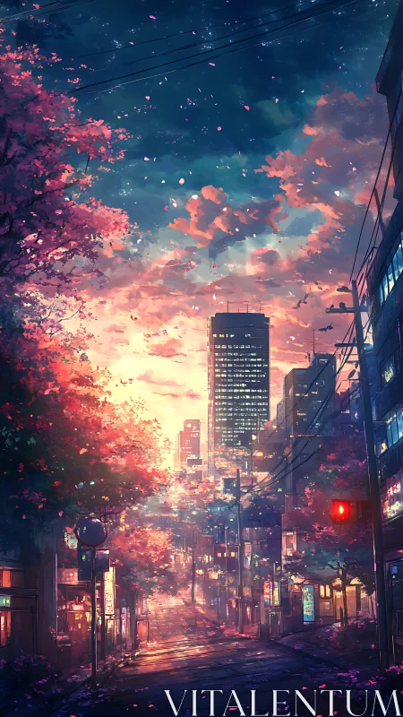 Neon city street under cherry blossoms at glowing sunset.