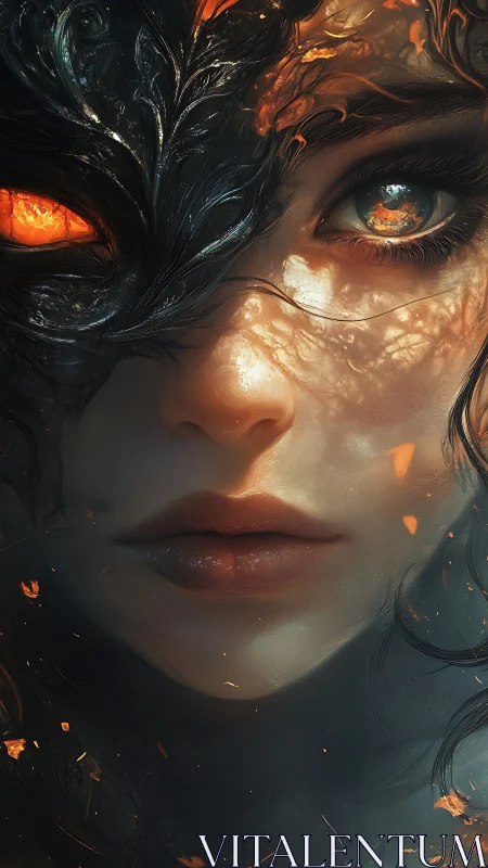 Fiery masked woman portrait with molten ember eye detail.