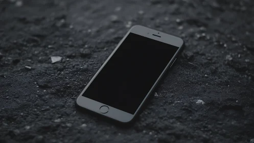 Smartphone lying on rough dark asphalt surface.