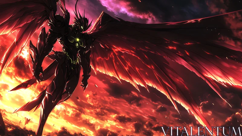 Armored dark seraph with burning crimson wings at sunset