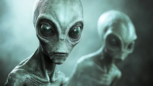 Alien visitors gaze through eerie teal misted atmosphere