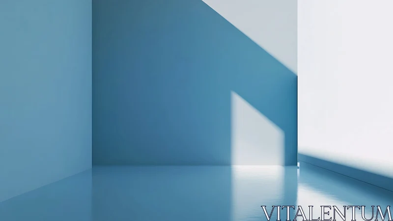 Minimal blue room shows sharp sunlight and geometric shadows