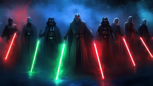 Dark warriors with glowing sabers in spectral mist line.