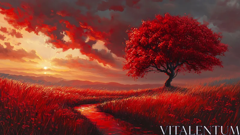 Crimson tree beside reflective creek at luminous sunset