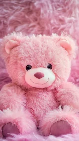 Pink plush teddy bear centered against soft textured backdrop