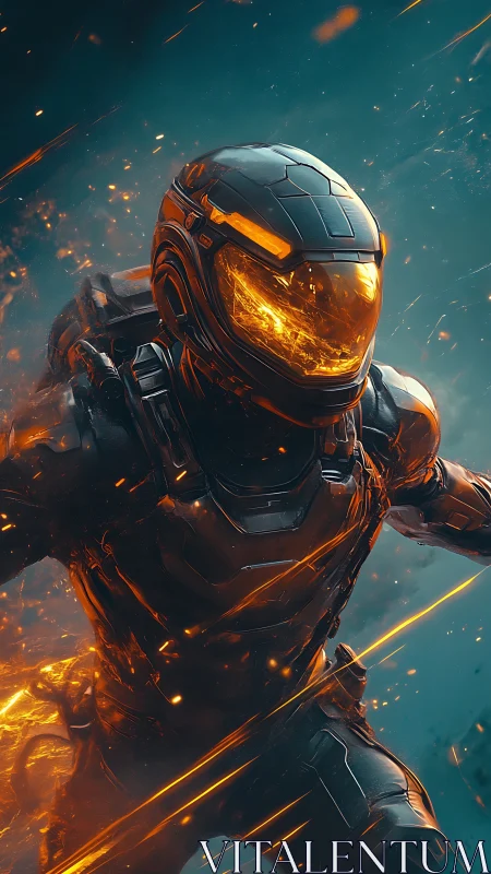 Armored figure advances through orange plasma-streaked field