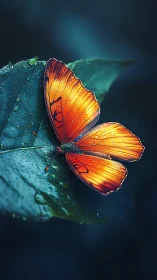 Amber butterfly rests on dewy leaf in teal twilight