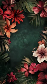 Tropical flowers arranged border frame dark teal textured backdrop