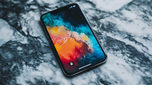 Smartphone on Marble Surface with Colorful Ink Wallpaper.