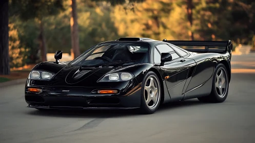 Midnight black supercar gliding through a sunlit avenue.