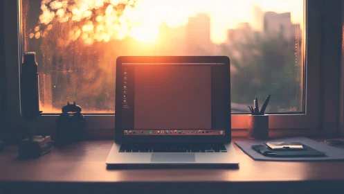 Backlit laptop on wooden desk captures warm sunset ambience