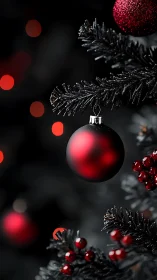 Red matte bauble on black Christmas tree with bokeh glow.