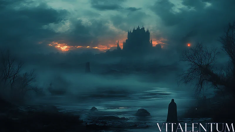 Dark fortress above misty marshland under storm clouds.