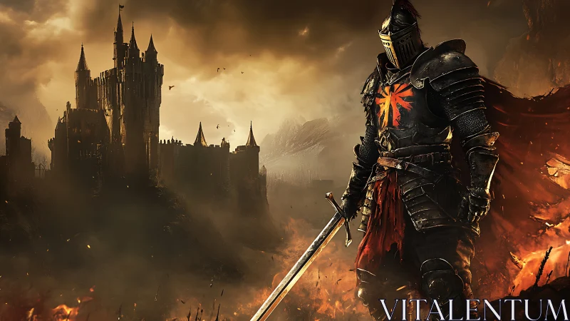 Armored knight stands before burning fortress in battle
