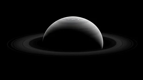 Ringed gas giant rendered in monochrome with high-contrast lighting