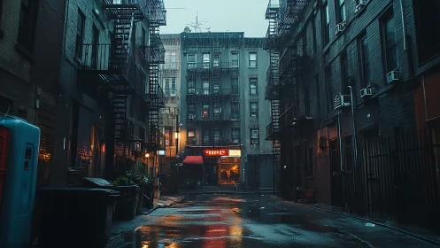 Neon diner heartbeat in a rainwashed city alleyway night.