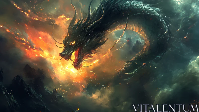 Stormfire serpent coils through molten skies of mythic dusk.