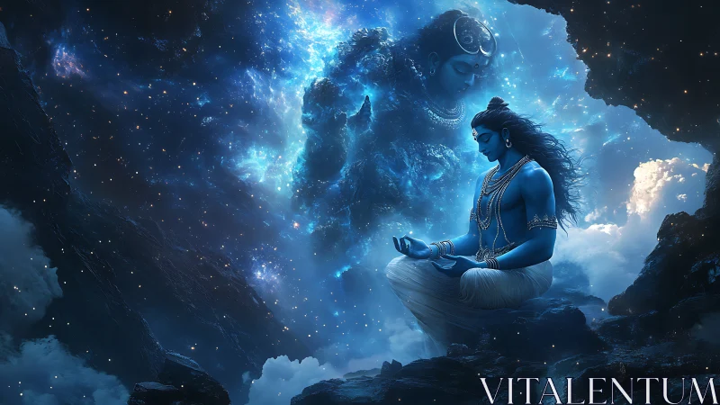 Blue meditative figure in rocky cloudscape with cosmic form.