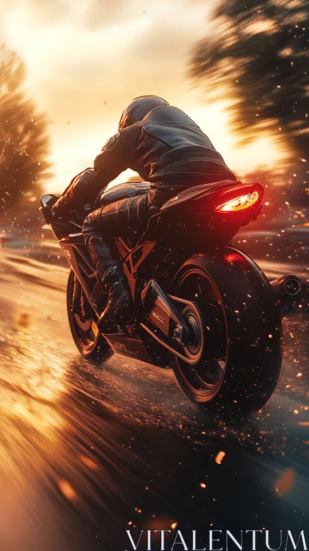 Motorcyclist rides sport bike on wet road at sunset