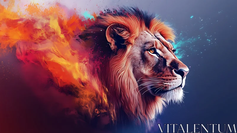 High-contrast digital lion portrait with dynamic particle dispersion