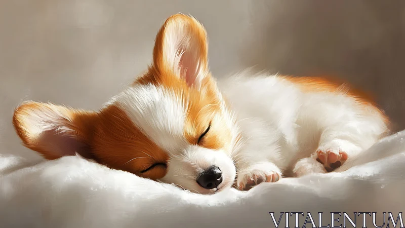Sleeping corgi puppy rests on soft white blanket surface