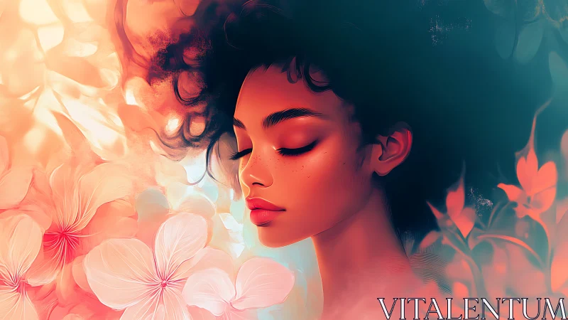Dreamy floral portrait of serene woman in warm light.
