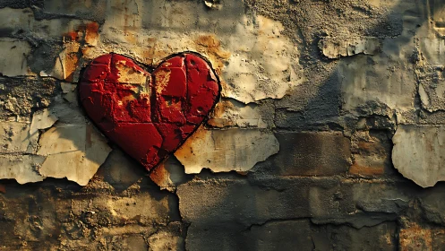 Red Heart Painted on Deteriorated Stone Wall