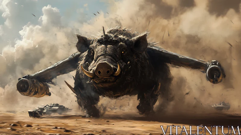 Armored war boar hybrid charges through desert battlefield