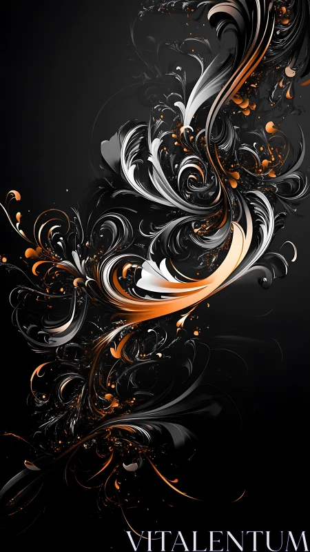 Metallic orange fractal swirls slice through black void.