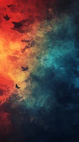 Silhouetted birds against red yellow and blue textured sky.