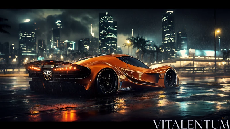 Orange hypercar is parked on wet asphalt in a rainy cityscape