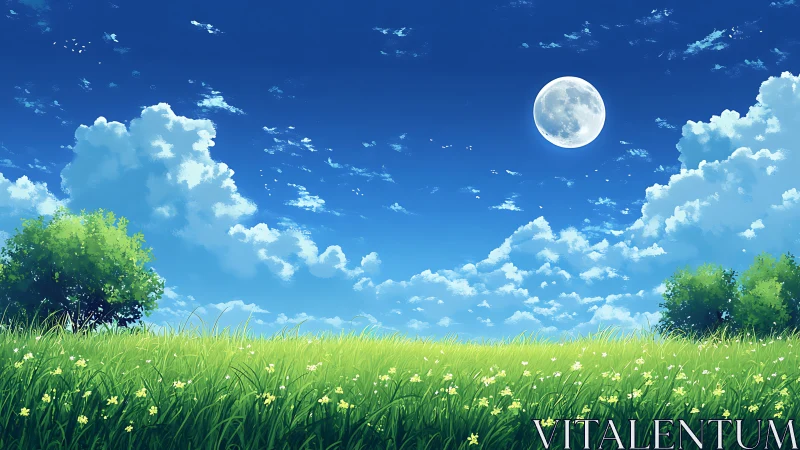 Moonlit meadow dream under bright summer sky.