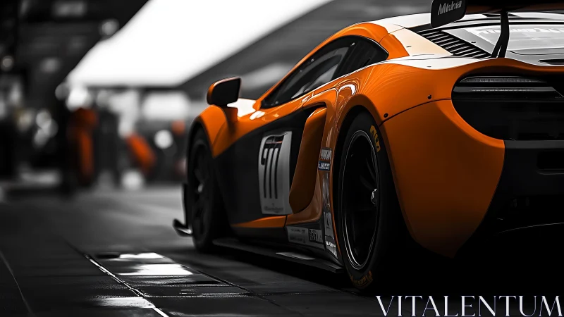 Photorealistic orange GT race car in low-key pit lane study.