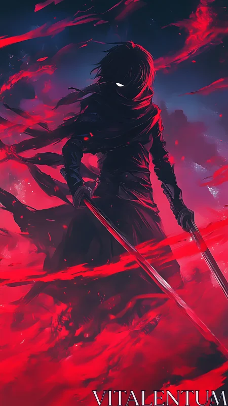 Hooded dual‑blade assassin framed by turbulent red energy field