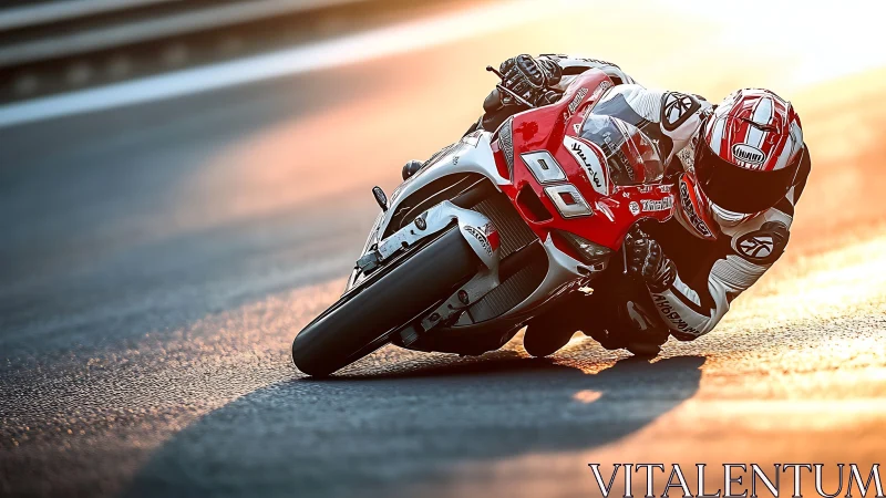 Motorcycle rider leaning through high-speed track corner.