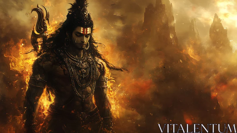 Fire crowned ascetic strides through molten twilight storm.